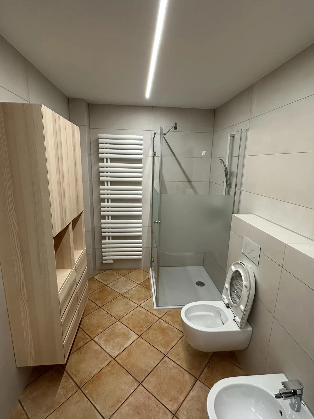 Badezimmer mit Dusche, Wand-WC und LED-Deckenbeleuchtung